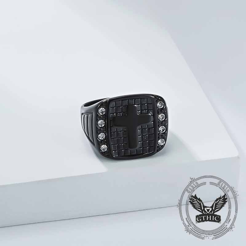 Cross Diamond-set Stainless Steel Ring