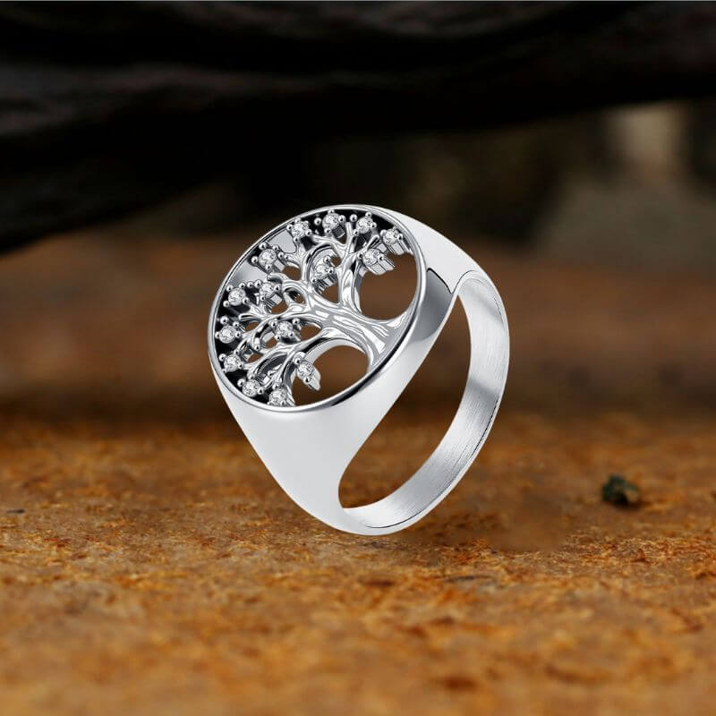 Gem Hollowed Tree of Life Stainless Steel Viking Ring