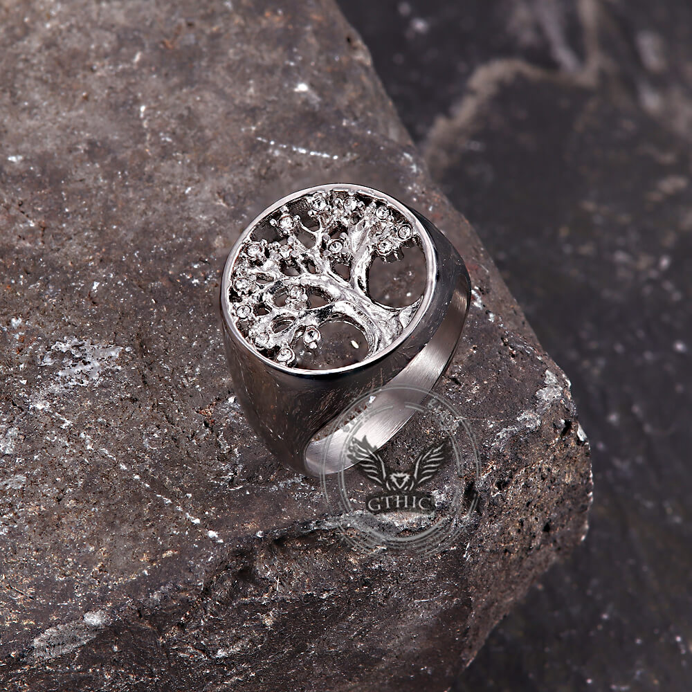 Gem Hollowed Tree of Life Stainless Steel Viking Ring