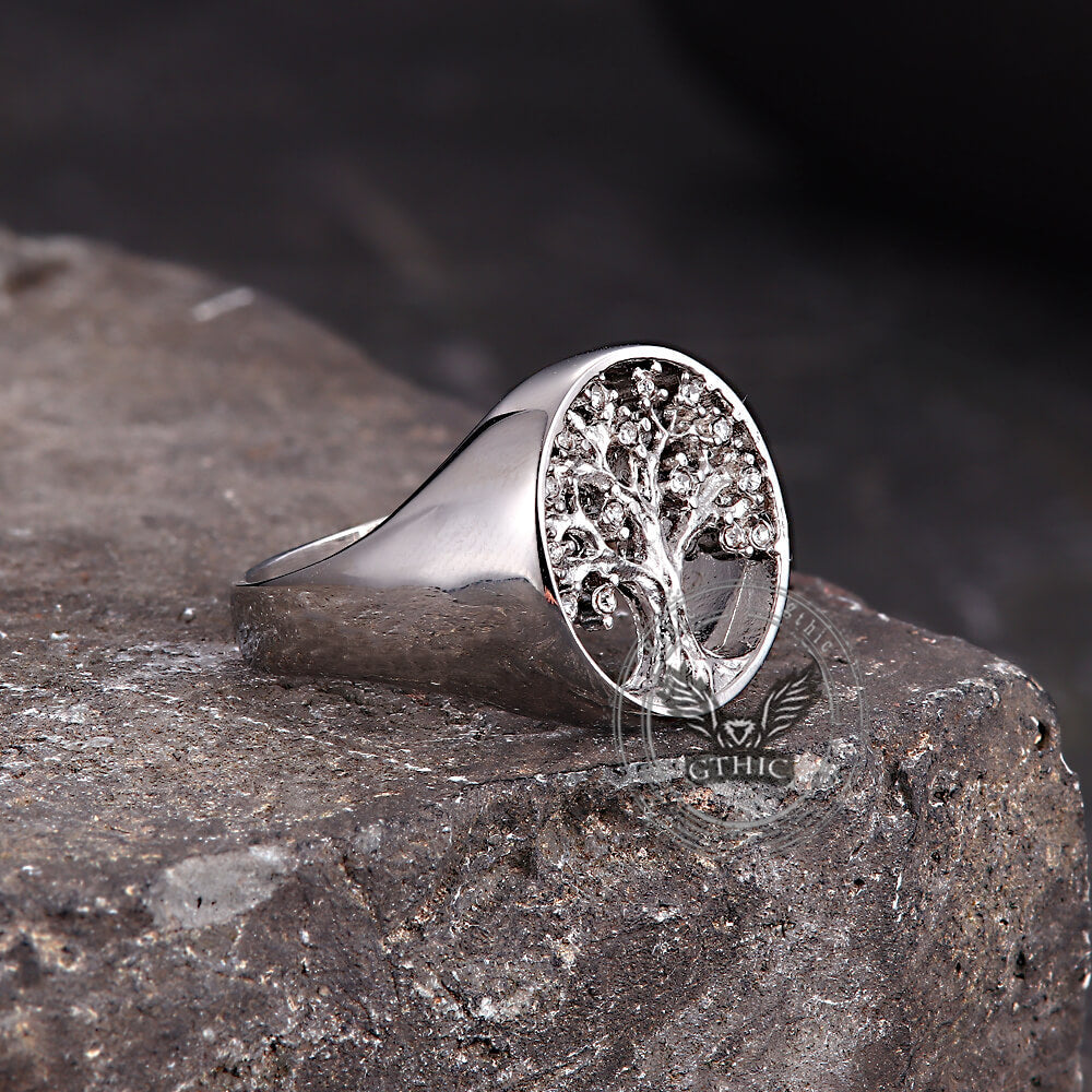 Gem Hollowed Tree of Life Stainless Steel Viking Ring