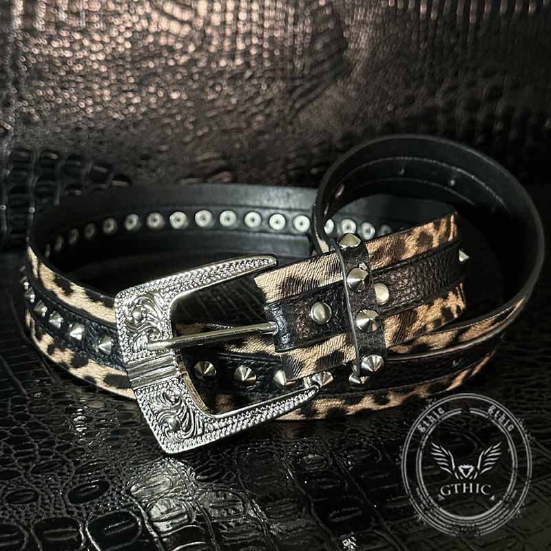 Leopard Print Rivet Splicing Pu Leather Belt