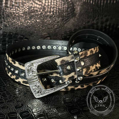 Leopard Print Rivet Splicing Pu Leather Belt