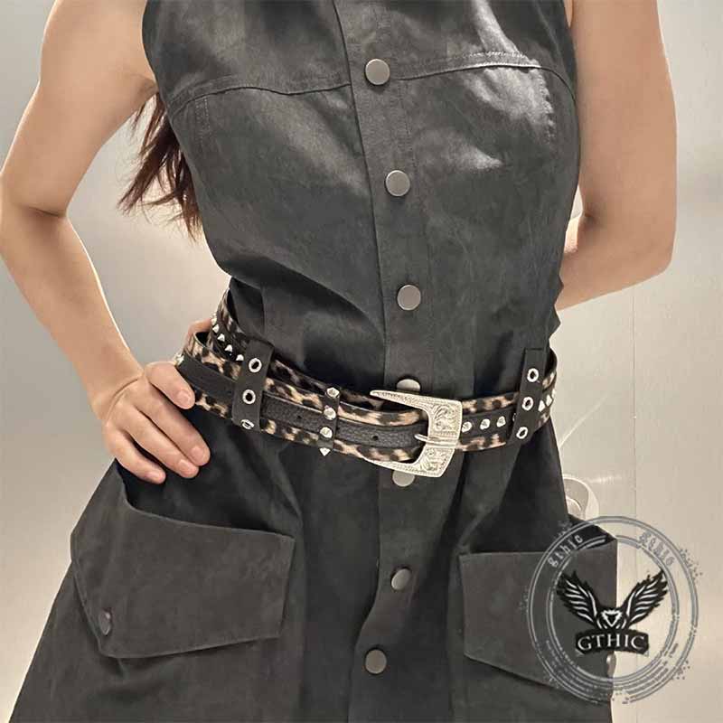 Leopard Print Rivet Splicing Pu Leather Belt