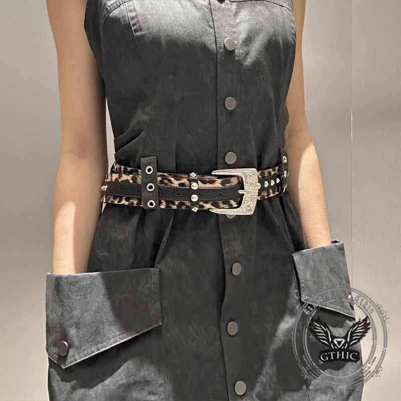 Leopard Print Rivet Splicing Pu Leather Belt