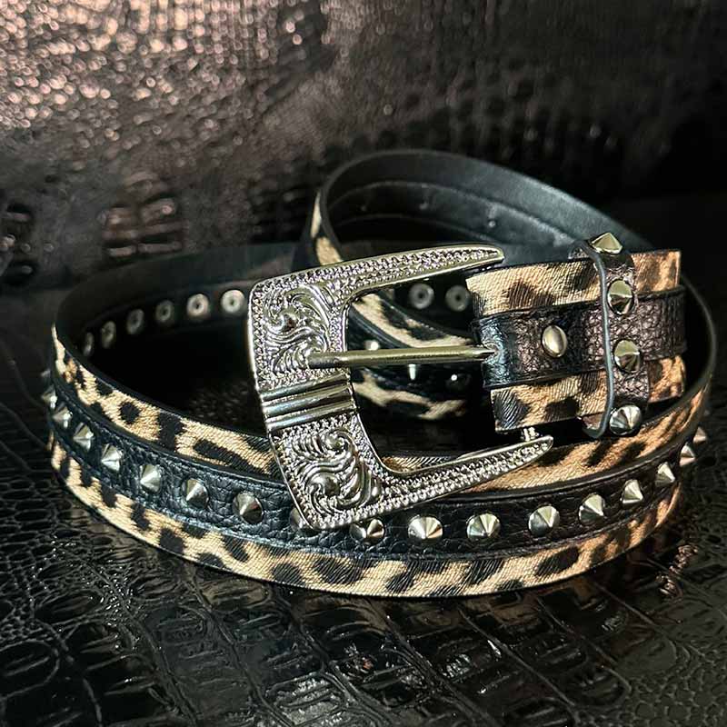 Leopard Print Rivet Splicing Pu Leather Belt