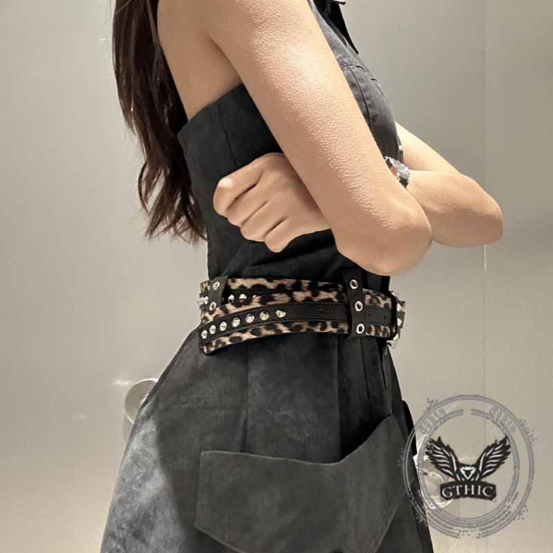 Leopard Print Rivet Splicing Pu Leather Belt