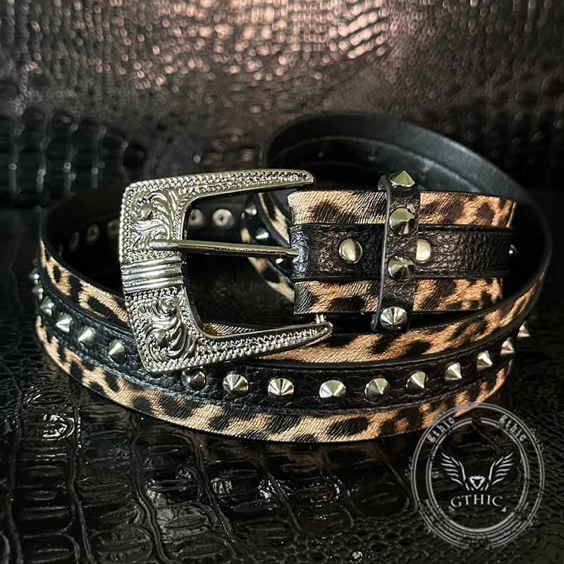 Leopard Print Rivet Splicing Pu Leather Belt