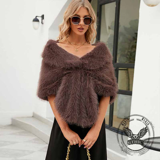 V-neck Faux Fur Party Gown Plush Shawl