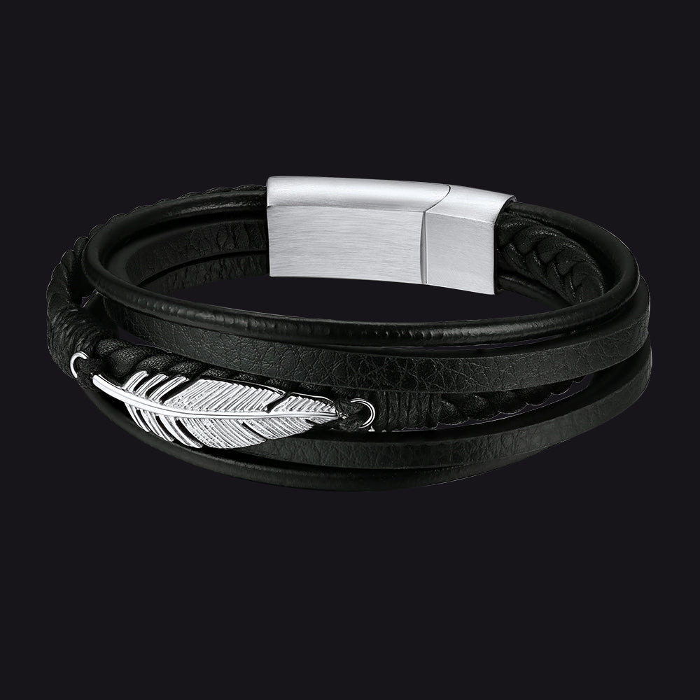 Feather Multi Layer Braided Leather Bracelet Gift for Son