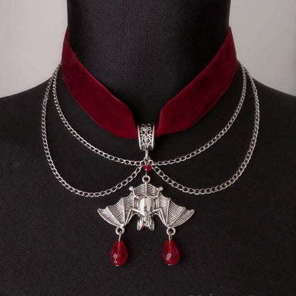 Gothic Enchantment: Crimson Velvet Choker With Midnight Bat Pendant