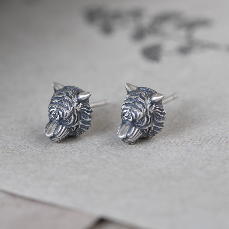 Ferocious Tiger Sterling Silver Earrings