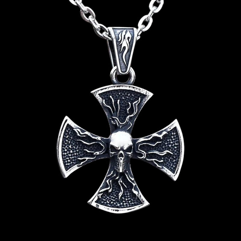 Flaming Cross Pattee Skull Pendant