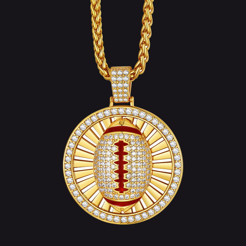 Gold Zirconia American Football Spinner Necklace for Sports Fan