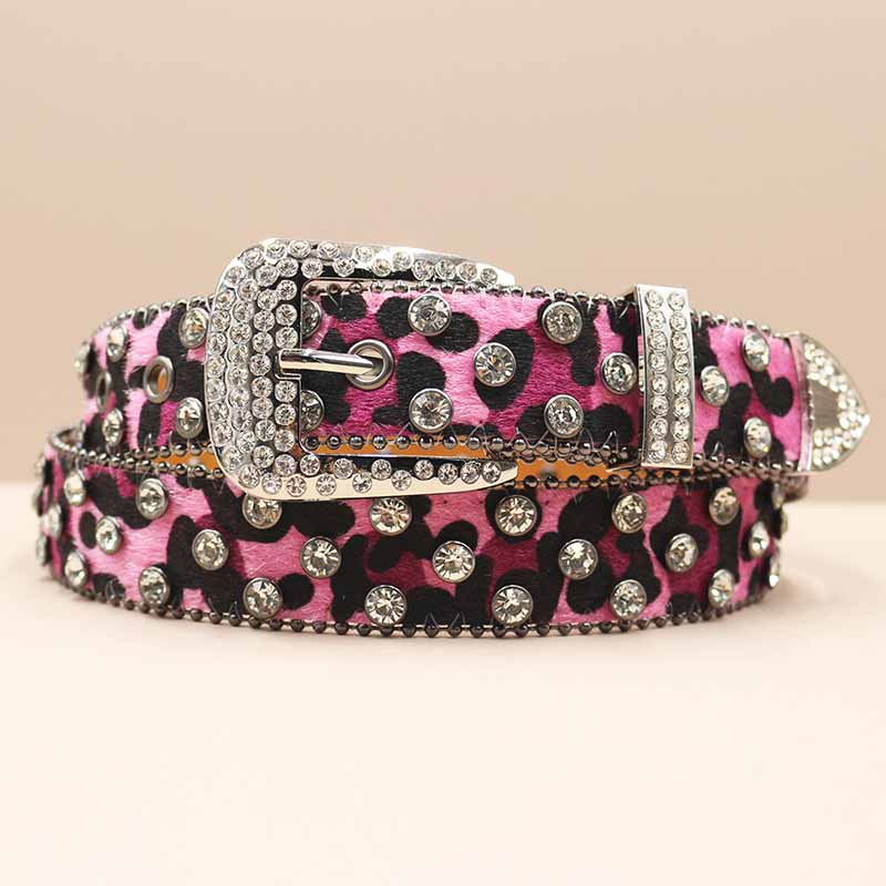 Full Rhinestone Y2k Leopard Print Pu Leather Belt