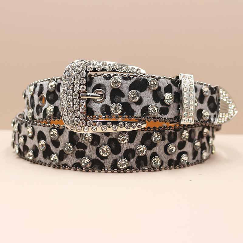 Full Rhinestone Y2k Leopard Print Pu Leather Belt