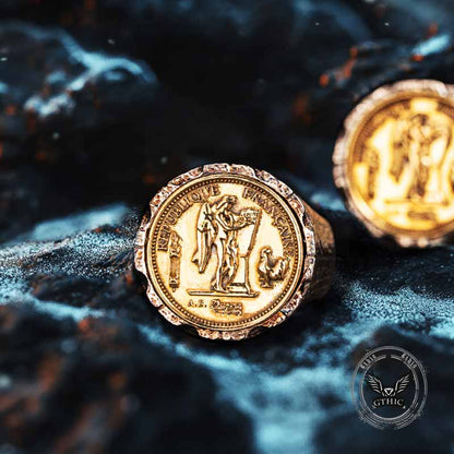 Gallic Rooster Victory Angel Badge Sterling Silver Ring