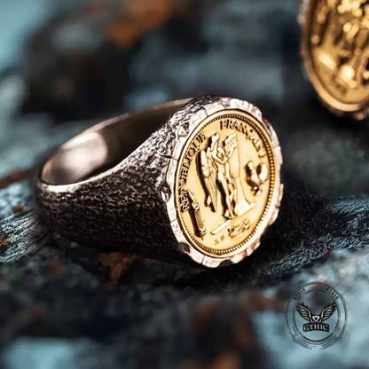 Gallic Rooster Victory Angel Badge Sterling Silver Ring