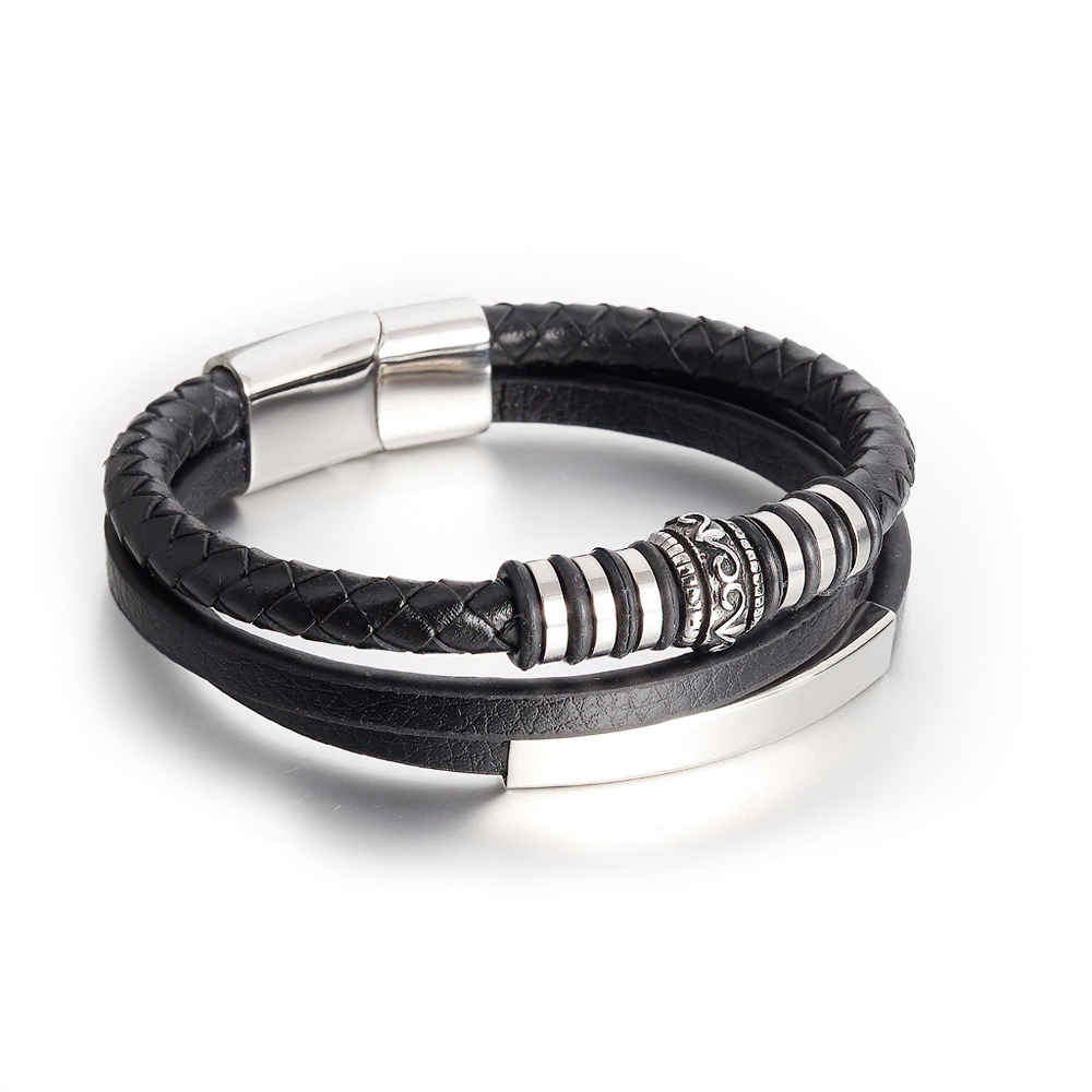 Genuine Leather Stainless Steel Bracelet / Black Magnetic Clasp Bracelet for