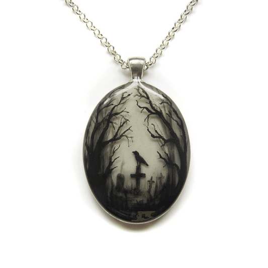 Gloomy Wood Graveyard Hand Painted Oval Pendant / Gothic Style Chain With Mystic Pendant