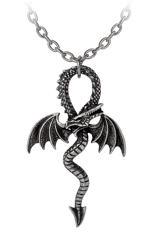 Gothic Ankh Pendant With Medieval Dragon and Wings