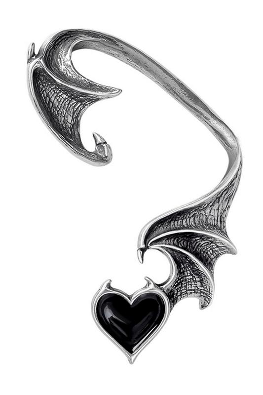 Gothic Bat Wing Earwrap With Black Heart Jewel Accent