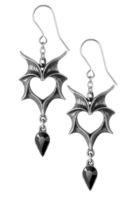Gothic Bat Wing Heart Earrings With Black Crystal Drop