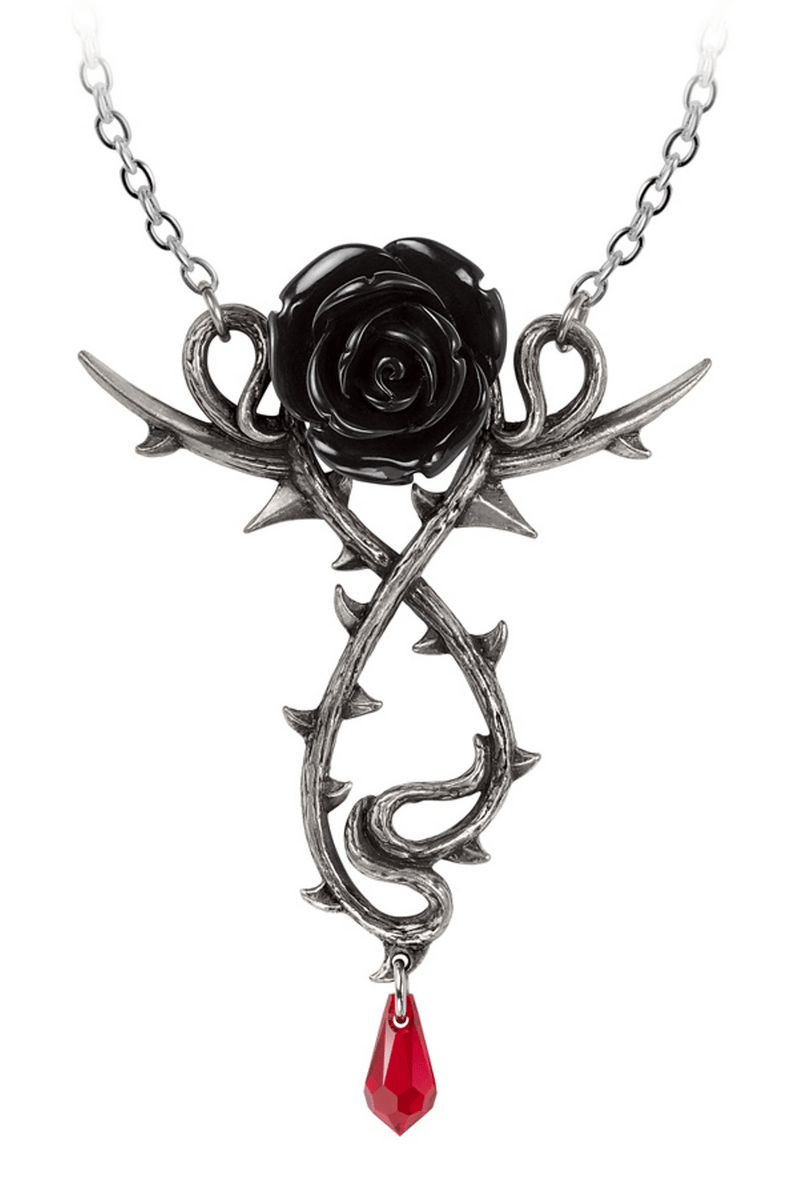 Gothic Black Rose Necklace With Thorns and Red Crystal Drop