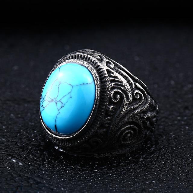 Gothic Blue and Black Stone Ring / Stainless Steel Alternative Jewelry