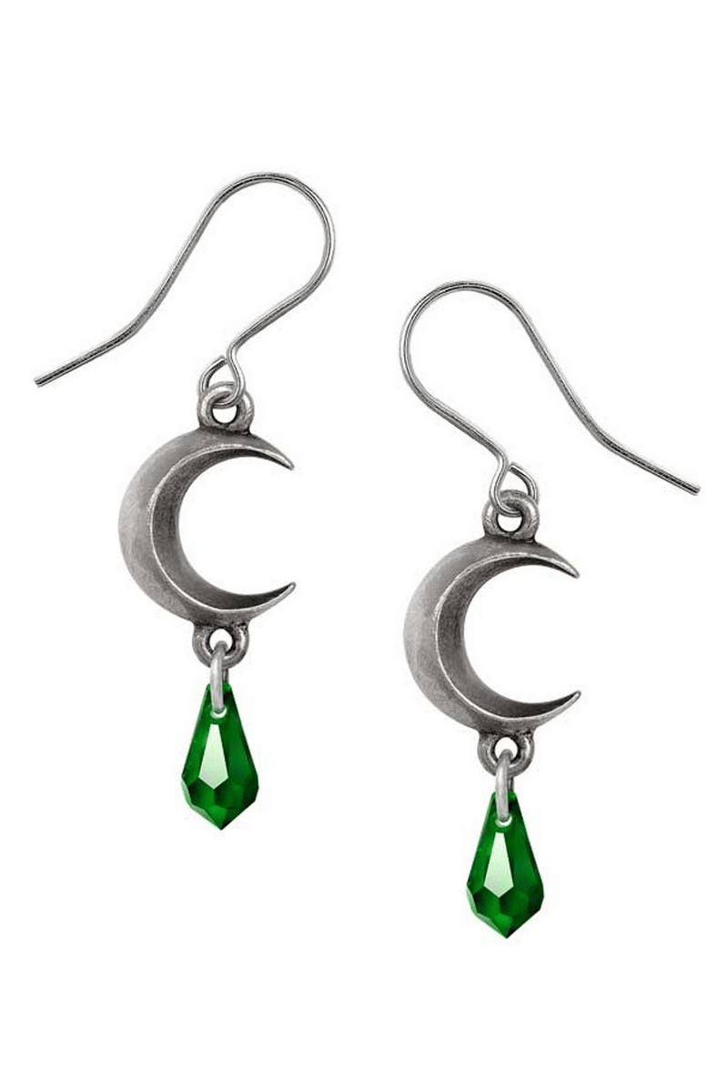 Gothic Crescent Moon Earrings With Green Crystal Drop