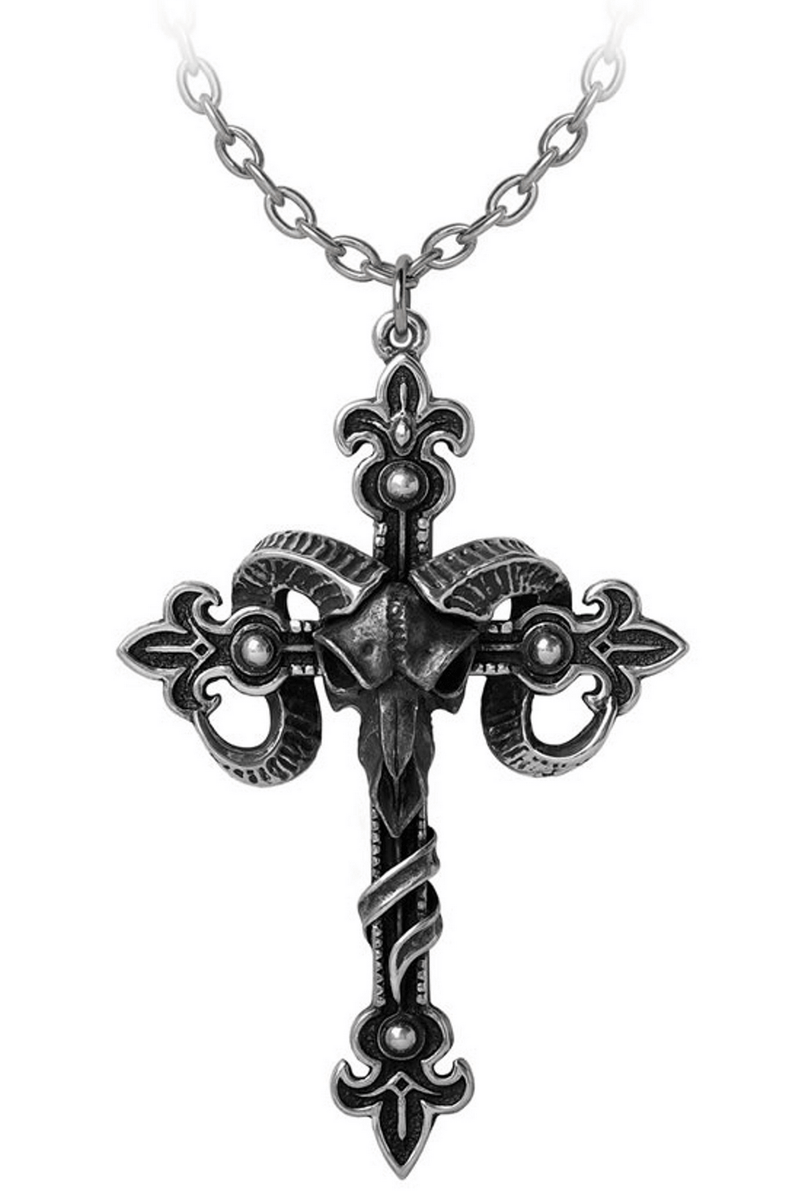 Gothic Cross Necklace With Ram Skull and Scrolls