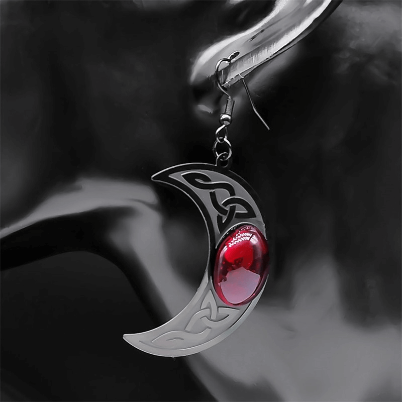 Gothic Dark Celtic Earring for / Stainless Steel Crescent Form Earrings With Red Stone