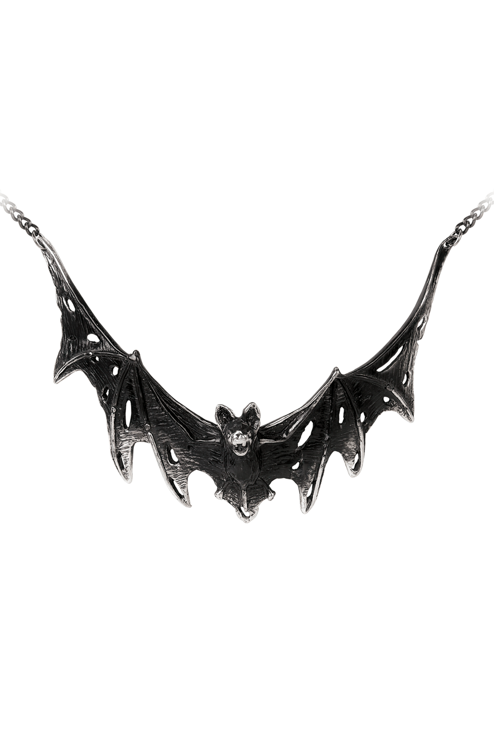 Gothic Dark Pewter Swooping Bat Pendant Necklace