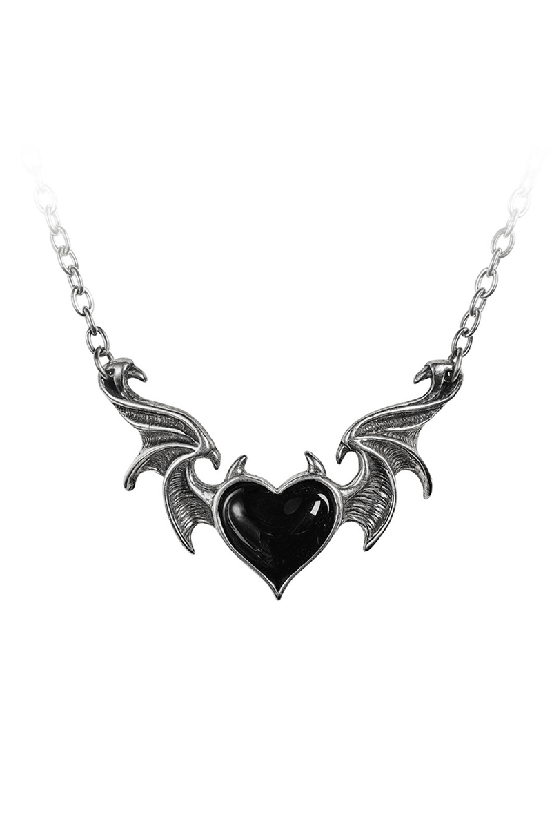 Gothic Demon Heart Necklace With Black Enamel Wings