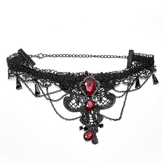 Gothic Lace and Ruby Pendant Necklace for