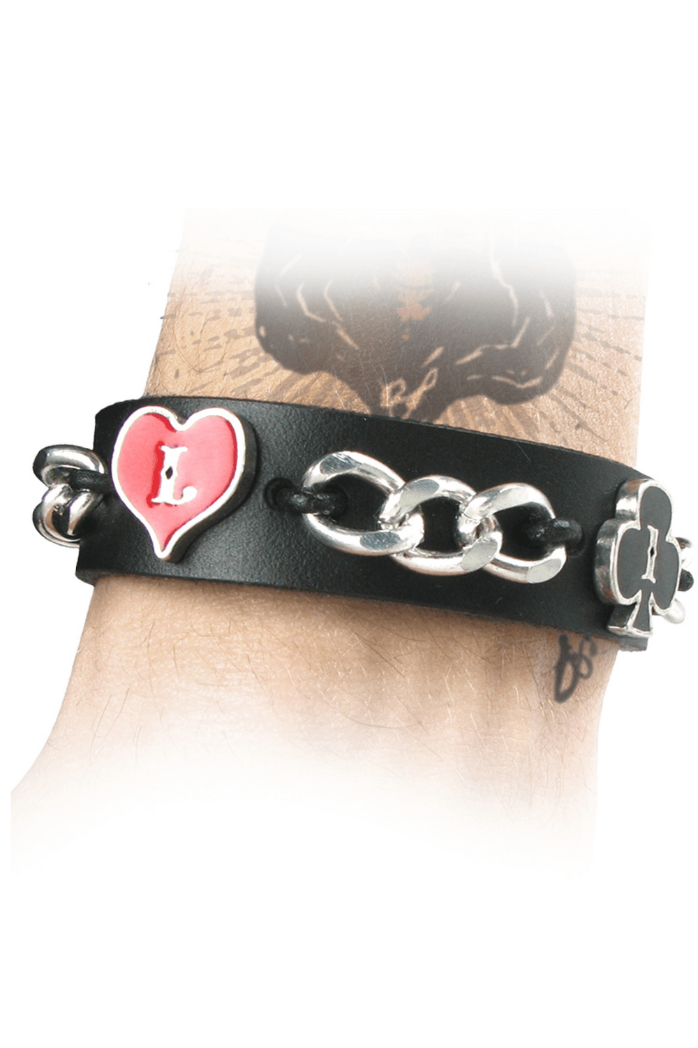 Gothic Leather Bracelet With Chain and Card Suits