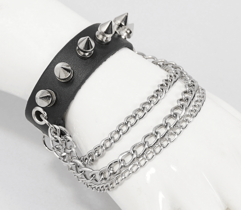 Gothic Punk Faux Leather Bracelet With Chain / Black Adjustable Wristbands With Studs