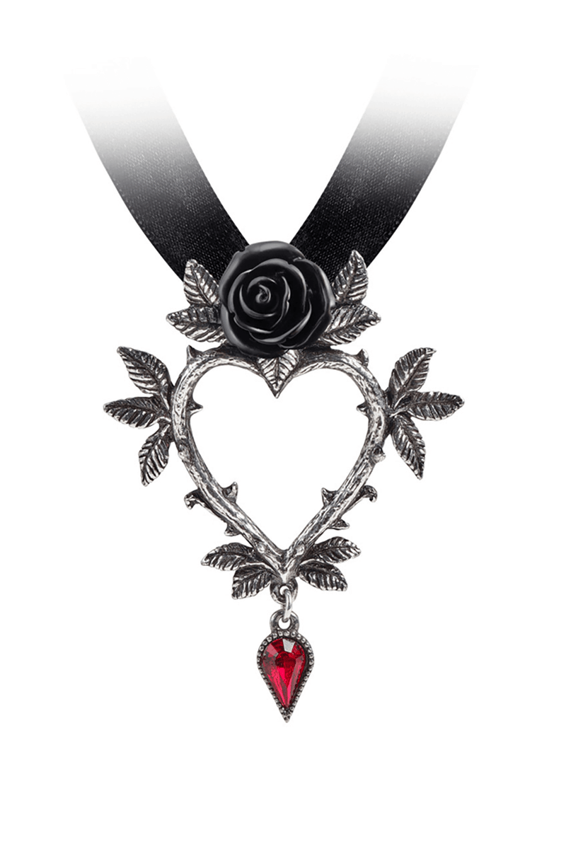 Gothic Rose Heart Necklace With Red Crystal Dropper