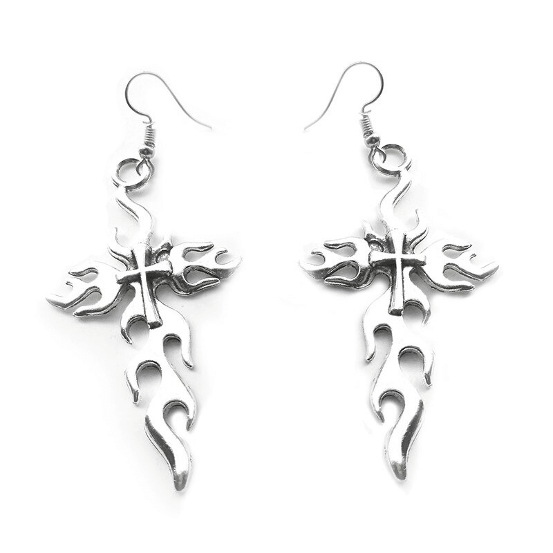 Gothic Silver Color Metal Flaming Cross / Grunge Long Earrings for