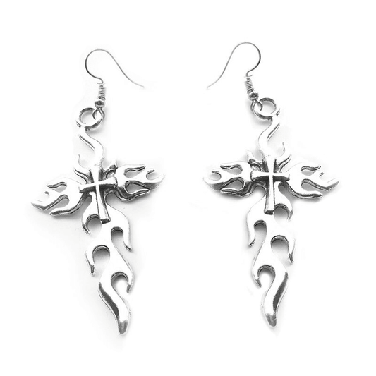 Gothic Silver Color Metal Flaming Cross / Grunge Long Earrings for