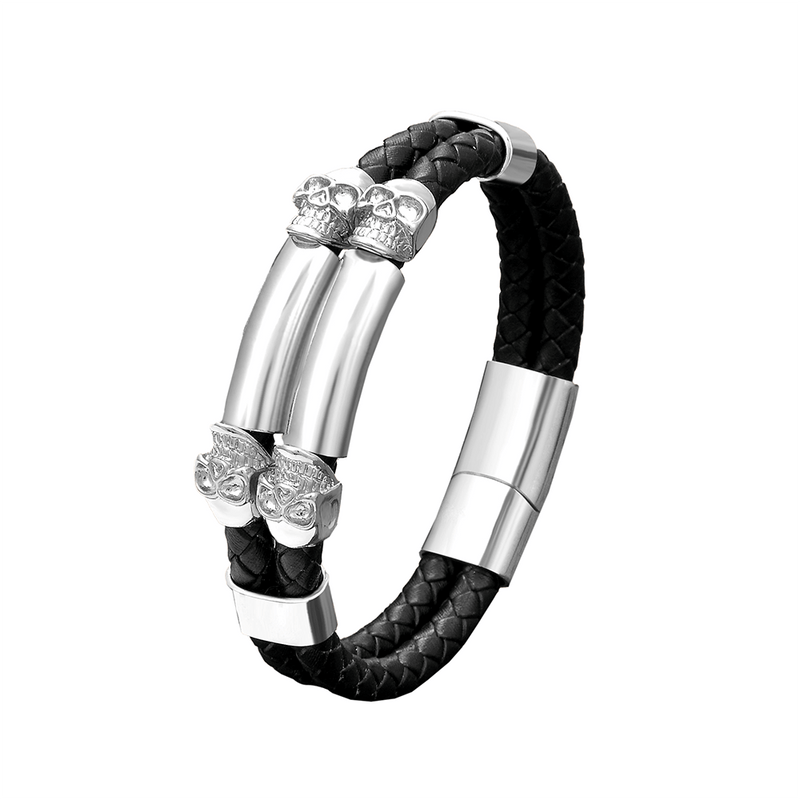 Gothic Stainless Steel Bracelet With Skull / Stylish Pu Leather Bangles / Heavy Metal Accessories
