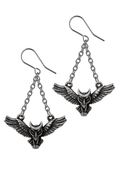 Gothic Winged Owl Earrings With Crescent Moon Charm