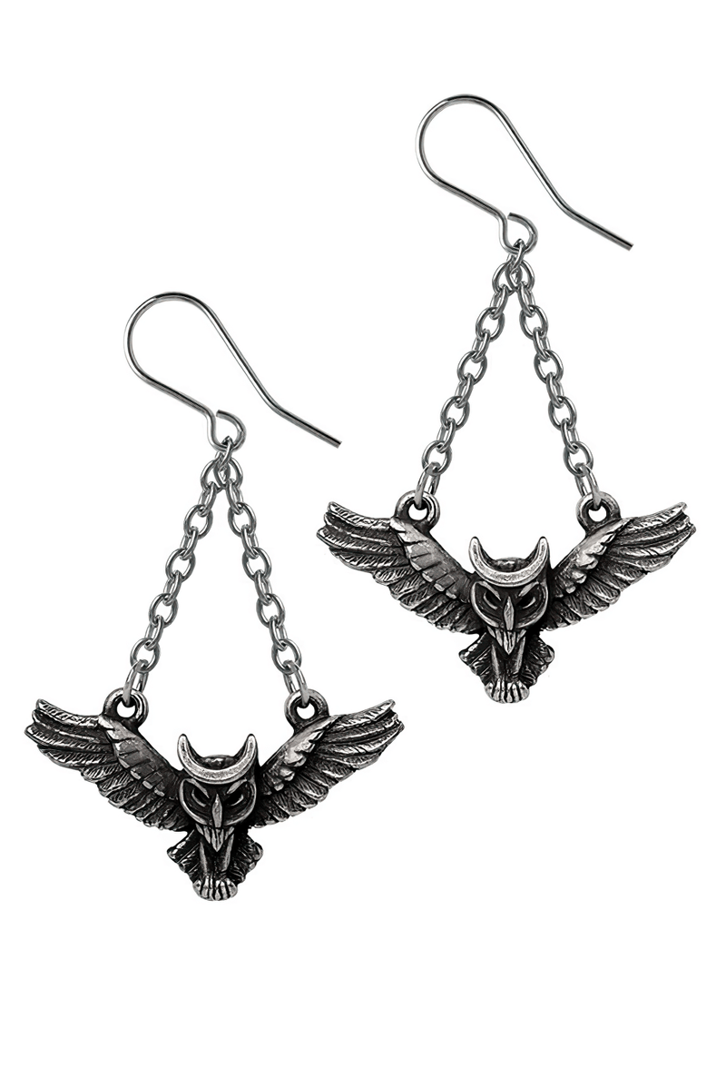 Gothic Winged Owl Earrings With Crescent Moon Charm
