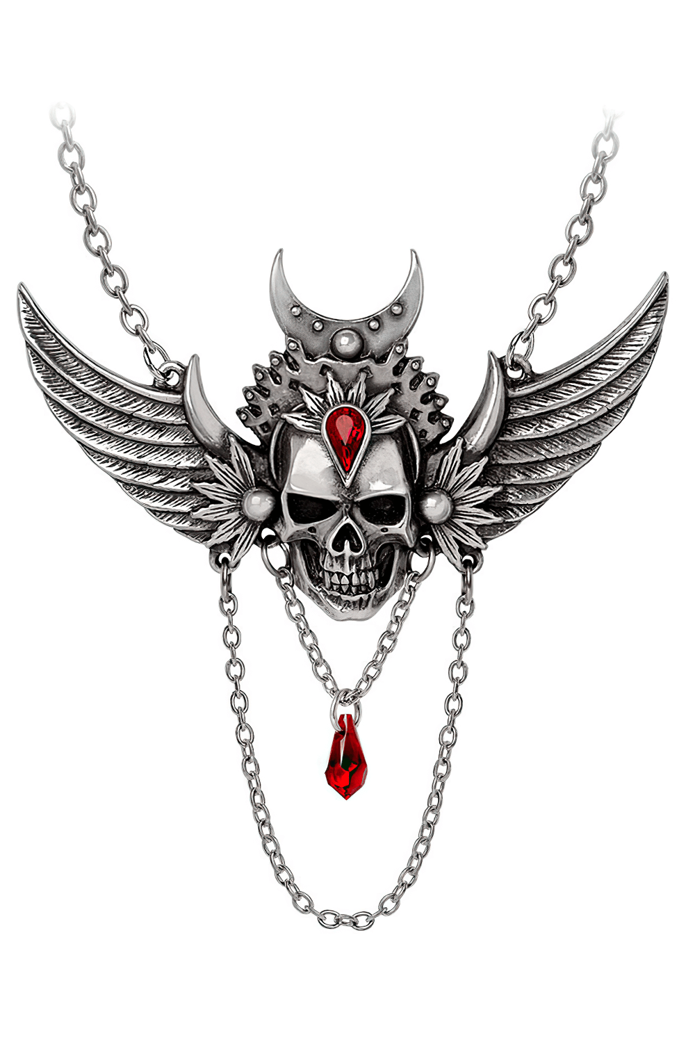 Gothic Winged Skull Necklace With Red Crystal Drop