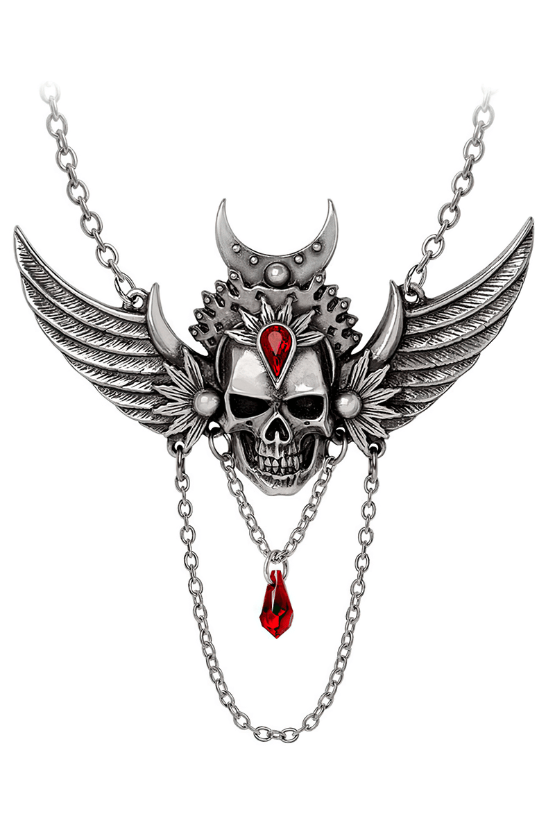 Gothic Winged Skull Necklace With Red Crystal Drop