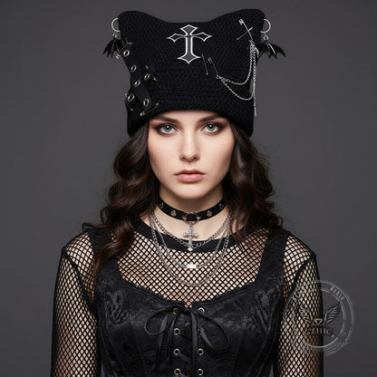 Gothic Bat Wings Cross Chain Cat Ear Knitted Beanies Hat