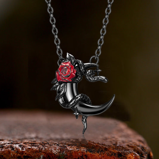 Gothic Black Snake Rose Moon Sterling Silver Necklace