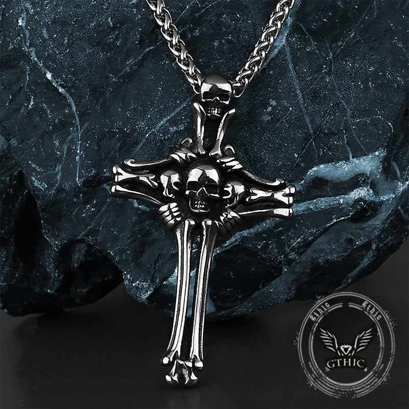 Gothic Bone Skull Stainless Steel Cross Pendant