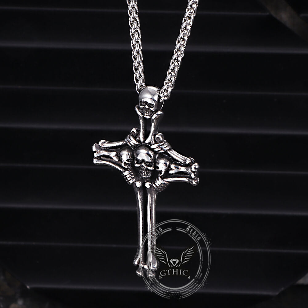 Gothic Bone Skull Stainless Steel Cross Pendant