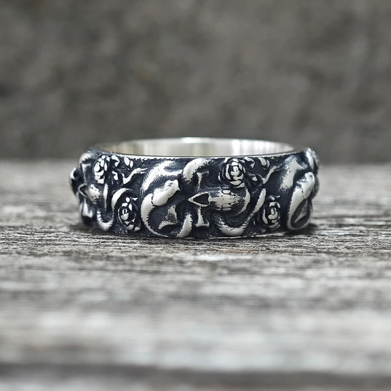 Gothic Coiled Snake Rose Sterling Silver Skull Ring