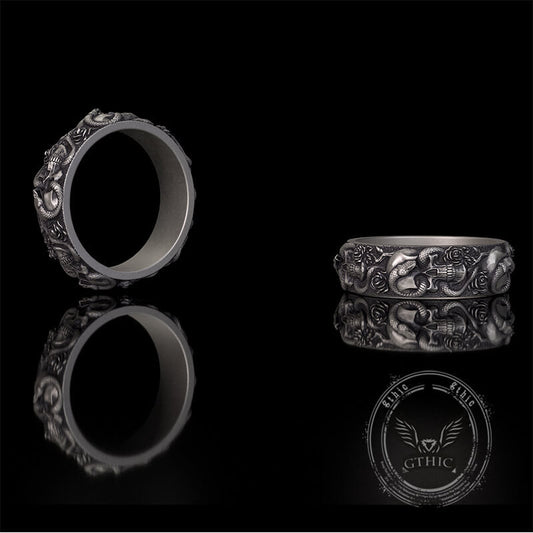 Gothic Coiled Snake Rose Sterling Silver Skull Ring